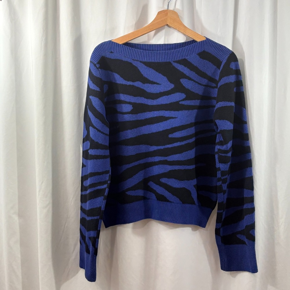 LOFT Women's Blue Black Zebra Stripe Boat Neck Long Sleeve Sweater- Size M